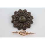 An Edwardian 9ct rose gold openwork and bead bar brooch, length approximately 50mm, steel pin and