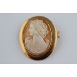 A Victorian style cameo brooch, rope twist border to rub-over set cameo, yellow metal mount (stamped