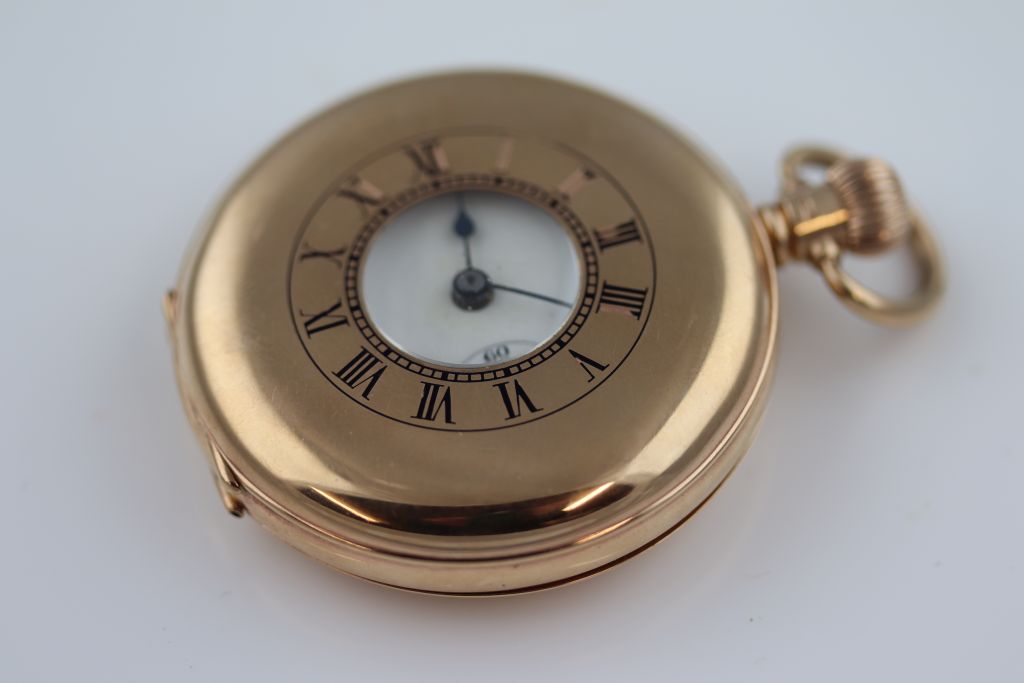 A Rolex fifteen jewel 9ct yellow gold half hunter pocket watch, unsigned white enamel dial and - Image 2 of 12