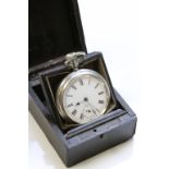 Nickel cased top wind pocket watch with Brass inlaid Ebony veneer stand