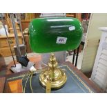 Edwardian Style Gilt Brass Desk Lamp with Green Glass Shade