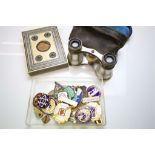 Cased pair of Opera style binoculars with Mother of Pearl grips, a Middle Eastern card case and a