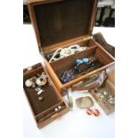 Tan leather jewellery box & contents to include costume jewellery , Silver & Gold