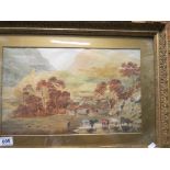 English School gilt framed 19th century watercolour of an extensive highland landscape with man