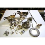 Group of Silver & Silver plated items to include Coin ladle, funnel, sauce boats etc