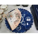 Pair of Japanese Blue and White Plates with fluted edge together with Japanese Fan Shaped Dish