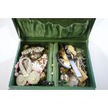 Green jewellery box and contents to include vintage costume jewellery, Gold & Silver