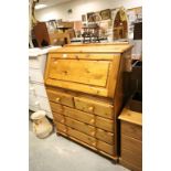 Modern Pine Drop Front Bureau with Two Short and Three Long Drawers