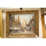 Oil on canvas of impressionist street scene with figures