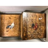 Mixed Lot comprising Leather Cased Binoculars, Two Oak Boxes decorated with Chickens