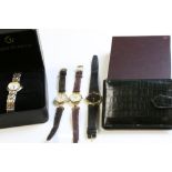 Boxed ladies Claude Valentini wristwatch, three ladies wristwatches marked Gucci and a boxed leather