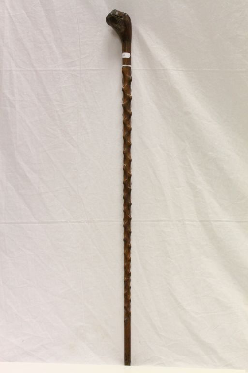 Vintage wooden walking stick with large Dog's head handle