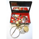 Jewellery box and contents to include rings, chains, coin brooch etc, some Silver