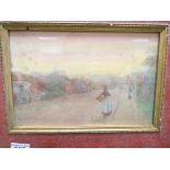 A watercolour or a peaceful village view with ladies holding baskets and horse & carts, signed and