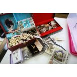 Box of vintage costume jewellery to include a small amount of Hallmarked Silver