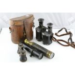 Vintage three draw Telescope, another scope, vintage Opera glasses and a cased pair of binoculars,