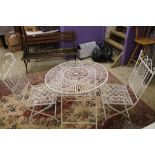 White Painted Wire Work and Metal Garden Folding Circular Table and Two Folding Chairs