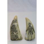 Pair of carved Whale teeth with Erotic images and dated 1897