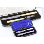 Cased Mappin & Webb carving set and a cased pair of butter knives with Mother of Pearl handles
