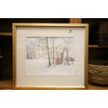 Signed Watercolour Anna Longridge Snow Scene with White House, history of artist to verso