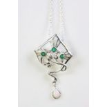 Silver pendant necklace with Emerald and Opal drop in the Art Deco style