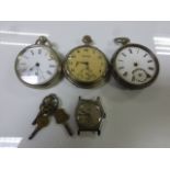 Vintage gents Rone wristwatch and three vintage pocket watches to include Chester Hallmarked