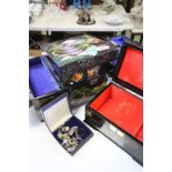 Two Oriental lacquered jewellery box, one being Musical and a small quantity of vintage jewellery to