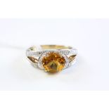 Silver gilt ring with Faceted Citrine & Diamond chips