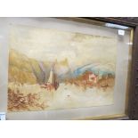 Signed Watercolour A. Martin, Water scene with Hills and Castle in background