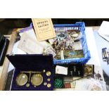 Box of mixed collectables to include postcards, cigarette packets, cased Brass balance scales etc