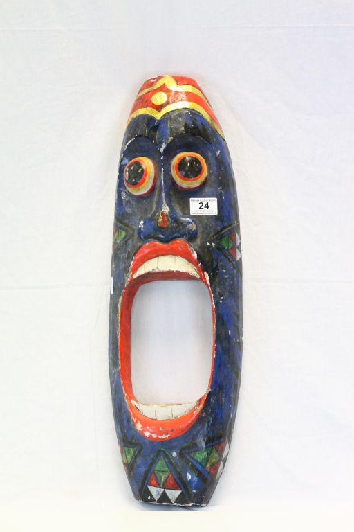 Vintage Fairground Colourful Hand Painted Soft Wood Face Mask with Large Open Mouth, approx. 62cms