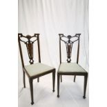 Pair of Edwardian Mahogany Inlaid Salon Side Chairs with Fancy Shaped Backs and Inlaid Floral Swag