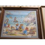 Holly Brett framed & glazed print illustration of teddy bears on a beach