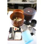 Mixed sewing items & costume jewellery etc in two vintage Lacquered boxes and a glass bottle with