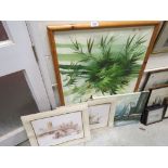 Two unframed Prints and two Oil on canvas pictures, the larger one being Oriental, with wooden