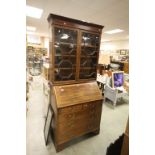 Georgian Mahogany Inlaid Bureau Bookcase, with twin astragel glazed doors above hinged drop front