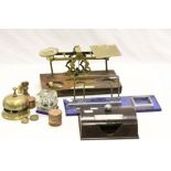 Set of S Mordan & Co brass Postal scales, Chrome & Glass inkwell stand, shop counter bell,