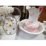 Leonardo Millefiori Glass Water Jug together with a Victorian Style Washbowl and Jug