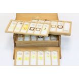 Boxed wooden set of glass microscope slides featuring various subjects