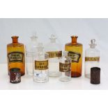 Collection of Victorian glass Chemists bottles to include AC.HYDROBROM.D with stopper