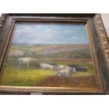 Extensive oil painting country landscape with rolling hills and cattle resting