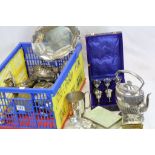 Box of mixed metalware to include Silver plate & cased goblet set
