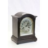 Wooden cased key wind Mantle clock, the metal dial marked "F Hilser Trowbridge"