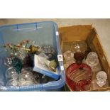 Two boxes of mixed glassware etc to include decanters plus two dried Seahorses and a Cameo brooch