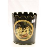 Black Toleware Paper Bin with a scene of cherubs marked Tennille to base