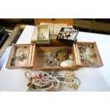 Jewellery box and a plastic box with a collection of vintage costume jewellery