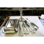 Vintage Silver plate to include; entree dish, candlestick, rolled carving set and an ivory handled