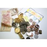 Small collection of costume jewellery, coins, Banknotes and a wristwatch