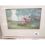 A swept gilt framed watercolour study of cows in a meadow, signed with monogram