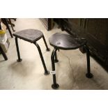 Pair of Vintage French Stools with Wooden Seats on Three Legged Tubular Metal Frames